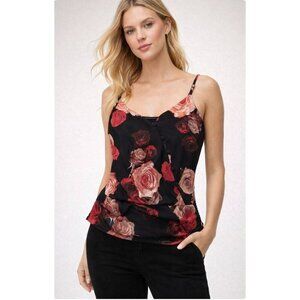 Rare HTF White House Black Market Floral Camisole Top Medium Black Rose Print